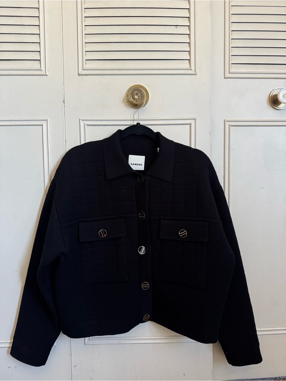 Sandro Black Quilted Button Jacket with Flap Pockets